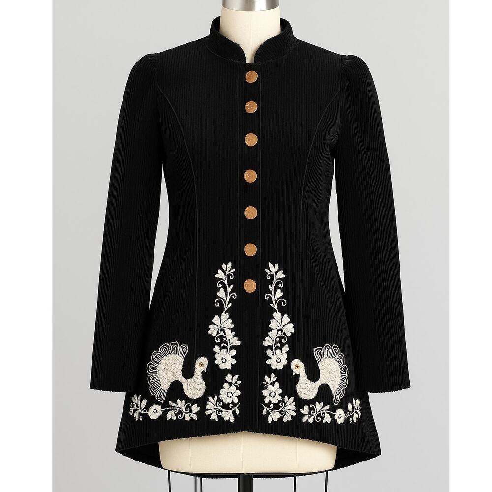 Anthropologie Jacket Corduroy Black Embroidered Peacock size 4 Cottage Goth